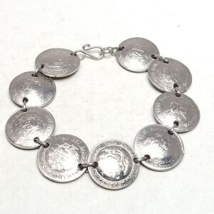 Vintage 10 Centavos Coin Bracelet, Peru Peruvian, Silver Tone, 70s Era Souvenir